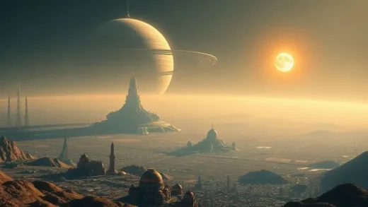 A futuristic cityscape on a terraformed planet, with a giant energy collector orbiting its star, representing a Type I civilization. In the foreground, a small, bustling Earth city, implying humanity's current stage.