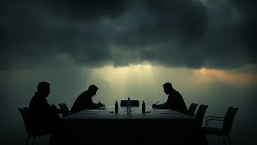 A dramatic image of a negotiation table under dim, tense lighting, with silhouetted figures on opposite sides, symbolizing the stalemate of peace talks amidst the dark clouds of war, with subtle hints of maps or territorial markers.