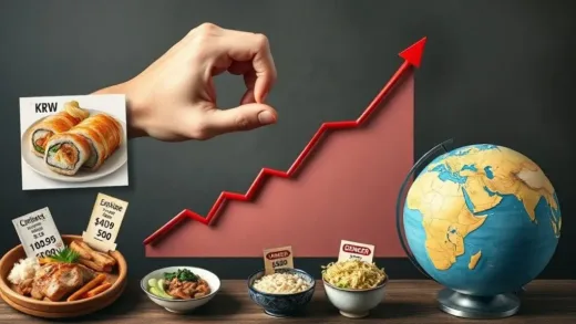 A dramatic visual of a rising exchange rate graph (KRW vs USD) with a hand desperately trying to push it down. Surrounding this are images of everyday Korean food items like kimbap and kalguksu, with increasing price tags, and a globe with a "danger" sign, all highlighting economic pressure and uncertainty.