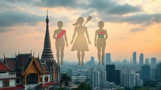 A thought-provoking image illustrating the diversity of gender identity, possibly with symbols representing male, female, and non-binary genders subtly integrated into a human silhouette, set against a backdrop of traditional Thai architecture and modern cityscapes, conveying both historical depth and contemporary understanding.