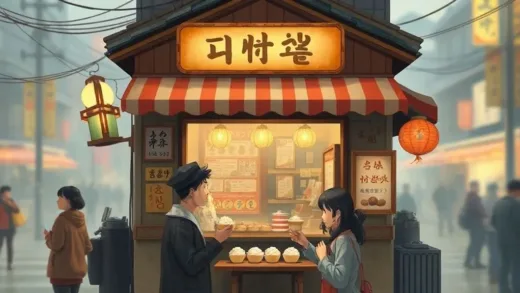 A nostalgic illustration of an old Korean rice cake shop with a warm glow, with people sharing rice cakes in front of it. In the background, there are blurry, modern city elements suggesting time passing.