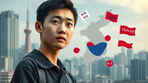 A young South Korean person looking thoughtfully at a divided Korean peninsula map, with abstract symbols representing fear, risk, and indifference instead of hope and unity. The background is a mix of modern city and traditional elements, illustrating the generational shift.