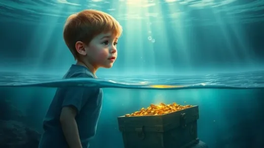 A young boy imagining a sunken treasure chest filled with gold and jewels at the bottom of the ocean, with rays of light piercing through the water, in a romantic and adventurous style.