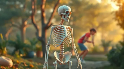 An engaging image showing a stylized human skeleton blending into an active, healthy lifestyle scene, with a sense of wonder and curiosity, warm lighting, digital art.