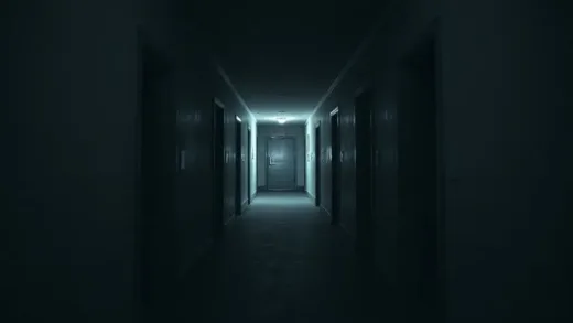 An eerie, empty apartment hallway at night, dimly lit, with a sense of lingering mystery and an unseen presence.