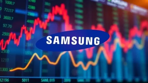 A vibrant stock market display with upward trending graphs, overlaid with a subtle image of Samsung Electronics logo. Focus on energy and growth.