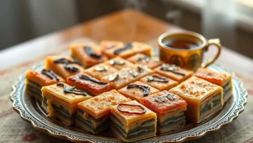 An inviting shot of various types of baklava arranged beautifully on a traditional Middle Eastern platter, with steam faintly rising from a cup of tea in the background, creating a warm and exotic atmosphere. Soft natural light, high-angle shot.
