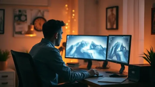 A person sits at a desk, looking intently at a screen where stunning, realistic images and videos are being generated by an AI interface. The room is filled with a soft, warm glow, and the atmosphere is one of creativity and innovation, with ethereal light emanating from the screen.
