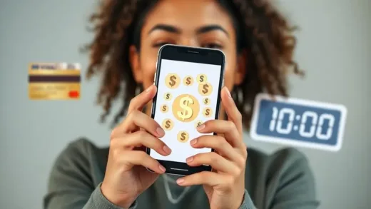 A person happily holding a smartphone with money symbols appearing on the screen, surrounded by credit cards and a digital clock showing 10 minutes. The overall mood is bright and financially empowering.