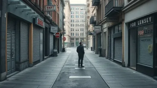 A somber street with closed shop signs, a lone person looking at a "for lease" sign, reflecting economic hardship.