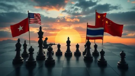 A dramatic image depicting a geopolitical chessboard with Cambodian and Thai military pieces, but with subtle hints of American and Chinese flags overseeing the board. The setting is a stylized map of Southeast Asia at dusk.
