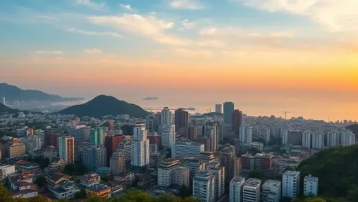 A picturesque aerial view of Nagasaki city, with a mix of traditional Japanese and Western-style buildings, nestled between mountains and the sea, under a warm sunset glow.