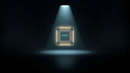 A single, powerful microchip glowing under a spotlight on a dark stage, symbolizing an unsung hero. In the background, abstract AI network patterns are subtly visible. The chip represents Micron Technology, and the contrast highlights its crucial yet undervalued role in the AI era. Focus on a sense of mystery and potential.