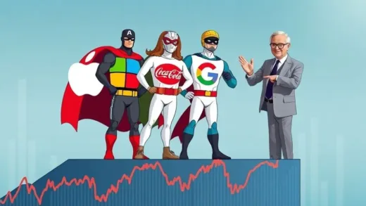 A superhero team (Avengers-like) composed of iconic company logos (Apple, Microsoft, Google, Coca-Cola) standing on a stock market graph, looking victorious. Warren Buffett is standing nearby, smiling and pointing to the team.
