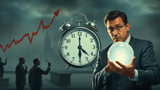 A dramatic scene depicting the global financial market in turmoil, with graphs showing rising exchange rates, a clock turned back four months, and a worried investor looking at a crystal ball. Government officials are subtly pulling strings in the background. The atmosphere is tense and uncertain.