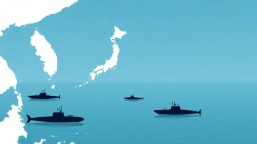 A stylized map showing the first island chain with South Korea, Japan, Taiwan, and the Philippines, highlighting the strategic importance, with silhouettes of advanced naval vessels like nuclear submarines in the surrounding waters, representing "new capabilities."