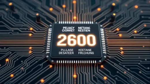 A futuristic mobile chip with a glowing '2600' on it, surrounded by intricate circuit patterns, in a clean, high-tech style, symbolizing innovation and power.