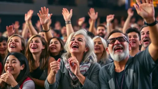A diverse group of fans of different ages, enthusiastically cheering for their favorite artist at a concert, showing joy and loyalty. Focus on the contrast between young and older fans.