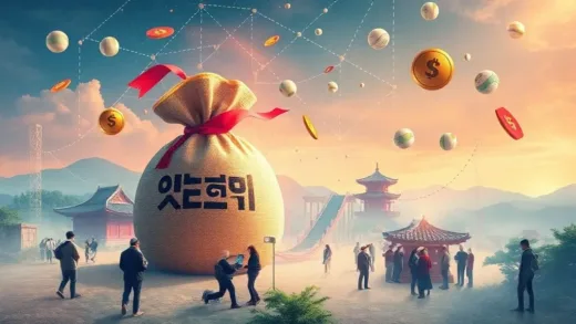 A vibrant and futuristic image depicting a blend of traditional Korean elements like a money bag or a traditional community gathering with modern fintech symbols like graphs, smartphones, and digital currency. The overall atmosphere should be positive and forward-looking, suggesting innovation and financial growth.