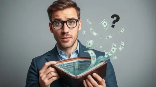 A person looking puzzled at an empty wallet with a digital overlay showing money flowing out, symbolizing financial leakage, in a modern, clean style.