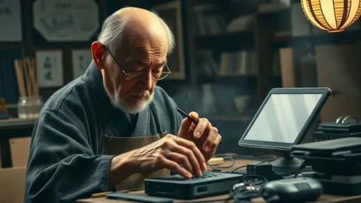 A dramatic image showing a contrast between old, intricate Japanese craftsmanship (like a traditional artisan) and modern, sleek electronic gadgets, with a subtle hint of decline in the background. Emphasize the clash of eras and technology.