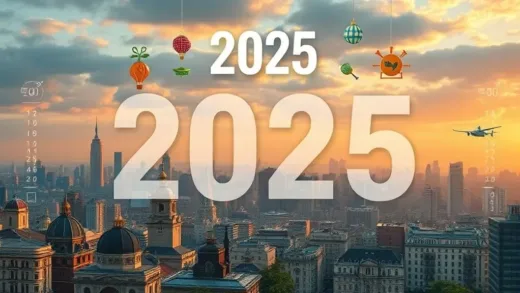 A futuristic calendar for 2025, with various icons representing policy changes like money, work, holidays, and technology, set against a backdrop of a city transitioning from old to new, vibrant and hopeful atmosphere, digital art, high detail, warm colors.