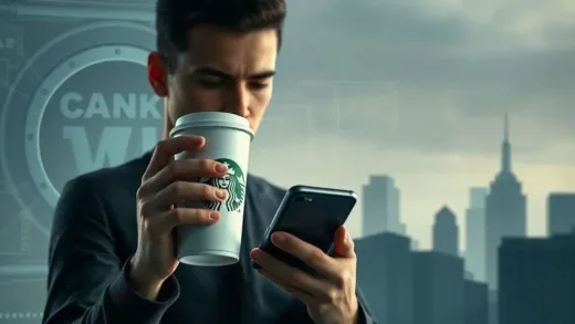 A person holding a Starbucks cup, looking at their smartphone, with subtle overlays suggesting a bank vault, a computer network, and building silhouettes in the background, conveying hidden complexities.