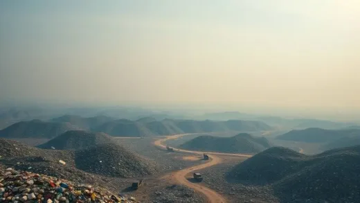A dramatic aerial view of a massive landfill, with garbage trucks moving, under a slightly hazy sky, conveying the overwhelming scale of waste and the looming crisis.