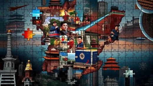 A complex, abstract puzzle representing North Korea, with some pieces showing digital information flowing in and out, others depicting traditional North Korean imagery, in a mysterious and intriguing atmosphere, digital art, highly detailed