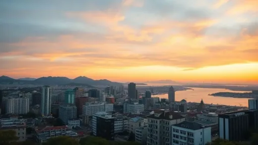 Nagasaki cityscape from a high vantage point at sunset, blending historic charm with modern elements, with a beautiful harbor view. The sky is filled with warm, golden hues, and city lights begin to twinkle.
