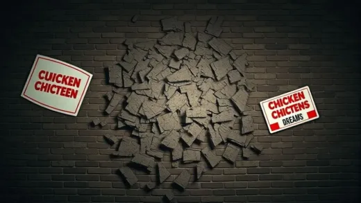 A crumbling brick wall with chicken shop signs falling off, symbolizing the collapse of franchise dreams. Dark, somber lighting.