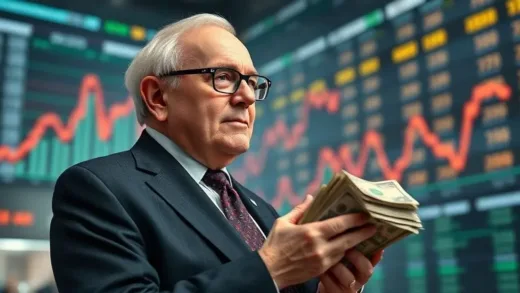 An old, wise man (Warren Buffett) in a suit, quietly observing a bustling, futuristic stock market with charts soaring, but he is holding a large stack of cash and looking calm, with a subtle hint of anticipation on his face.