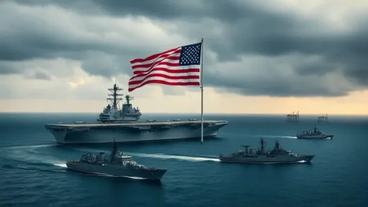 An aerial view of a tense naval standoff between a large US aircraft carrier and smaller Venezuelan ships in the Caribbean Sea, with a backdrop of oil rigs and a stormy sky. The US flag is prominently displayed, symbolizing geopolitical tension and power struggle.