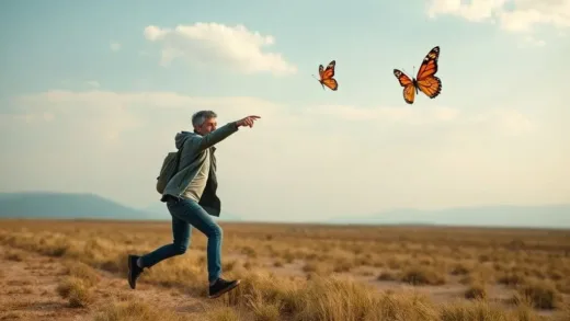 A person chasing an elusive, sparkling butterfly in a beautiful but empty landscape, representing the endless pursuit of external happiness. The person looks slightly weary but hopeful.