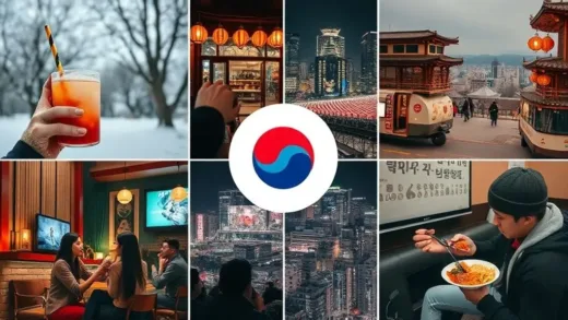 A collage of various global scenes featuring Korean cultural elements: a person drinking iced Americano in winter, a safe bustling city night in Korea, people watching K-dramas, and someone enjoying spicy Korean food.