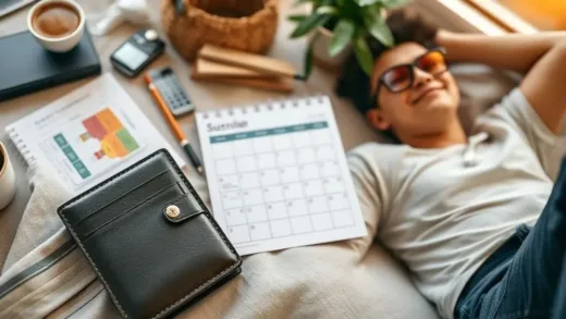 A captivating image showing a blend of daily life elements like a wallet, a calendar, and a person relaxing, all subtly hinting at positive changes and anticipation for the future. The overall mood is optimistic and engaging.
