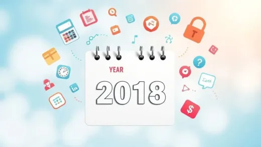An engaging image of a calendar showing the new year, with various icons representing financial savings, technology, and personal data protection floating around it. The background is bright and optimistic, suggesting positive changes.