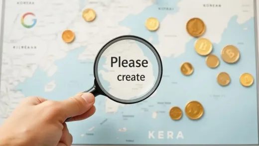 A person holding a magnifying glass over a map of Korea, with coins and money symbols scattered around. The overall tone is hopeful and informative, with a focus on local benefits.