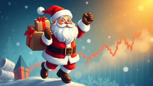 A vibrant, festive stock market chart with Santa Claus bringing gifts, showing upward trends, with a hint of caution in the background, financial newspapers. Dynamic and hopeful mood.