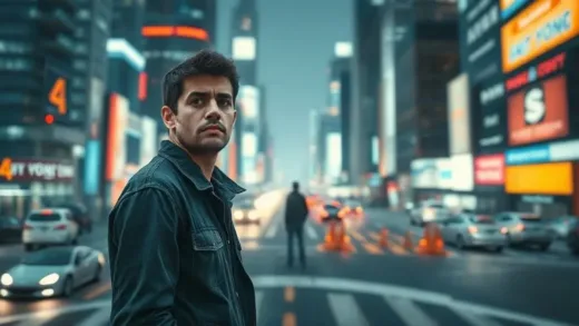 A person standing at a crossroads in a rapidly changing futuristic city, looking overwhelmed yet determined. The cityscape is dynamic with blurred lights and futuristic elements, symbolizing fast change. The person is thoughtful, with a subtle look of anxiety and hope.