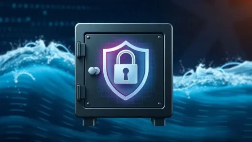 A digital safe with a lock, a shield representing protection, and a rapidly moving digital wave in the background, symbolizing fast digital transactions.