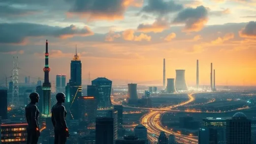 A futuristic cityscape with glowing circuit lines and robots, symbolizing advanced technology and innovation. In the background, a clean nuclear power plant with bright energy emanating. Warm, optimistic lighting.