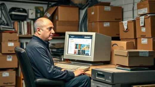 A vintage scene in 1990s, Jeff Bezos sitting in a garage, a desktop computer displaying Amazon's early website with books, surrounded by boxes, symbolizing the humble beginnings of a global e-commerce giant.