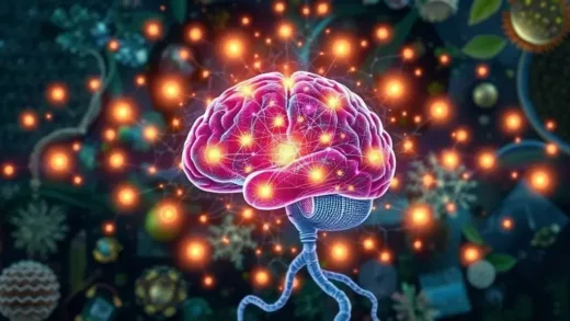 A captivating image of a stylized brain surrounded by glowing neural connections, symbolizing growth and potential. The background is a mix of natural elements and digital patterns, representing the blend of nature and science. Focus on vibrant colors and a sense of wonder.
