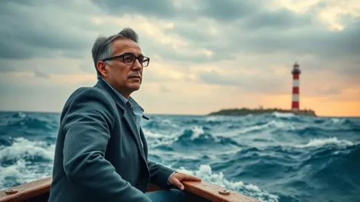 A serene yet determined investor navigates a turbulent sea of market charts, with a lighthouse symbolizing opportunity in the distance. The overall mood is hopeful and strategic.
