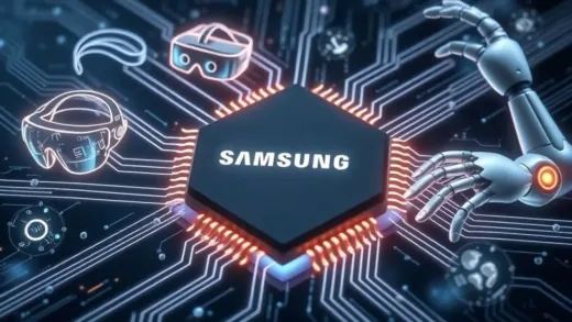 A sleek, futuristic smartphone chip (Exynos) with glowing lines representing its internal architecture, surrounded by holographic images of AI glasses, XR headsets, and a robotic arm, all connected by data streams. The chip has a subtle Samsung logo. Focus on sleek design and advanced technology.