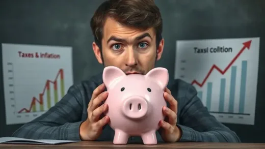 An anxious person looking at a shrinking piggy bank, surrounded by rising graphs of taxes and inflation, with a questioning expression. The atmosphere is somewhat dim, highlighting financial uncertainty.