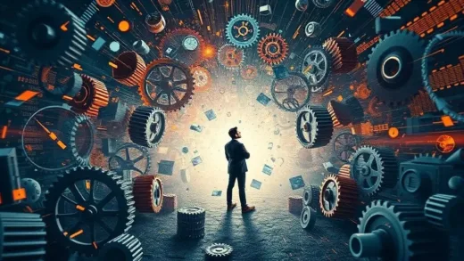 A person standing calmly amidst a whirlwind of digital data and rapidly changing gears, symbolizing adaptation to fast-paced change.