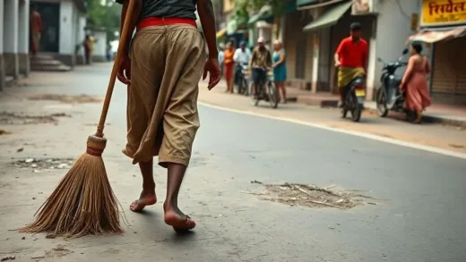 Ancient India, a person with a broom sweeping the ground while walking, representing the 'untouchable' status, with a subtle contrast to modern Indian street scenes where such clear distinctions are absent but social cues remain.