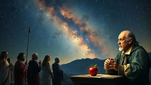 Ancient people gazing at a starry night sky, transitioning to an image of Isaac Newton working on his theories, with planetary orbits and an apple. The scene should convey wonder and scientific discovery.